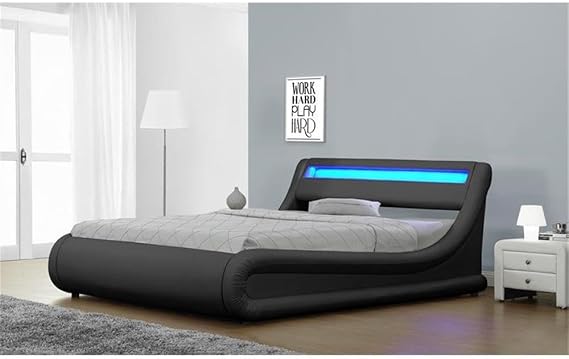 Brose Upholstered Queen Storage Platform Bed Frame with Adjustable LED Lights Headboard, Modern Faux Leather Storage Bed Frame with Mattress Foundation Slat Support, Black