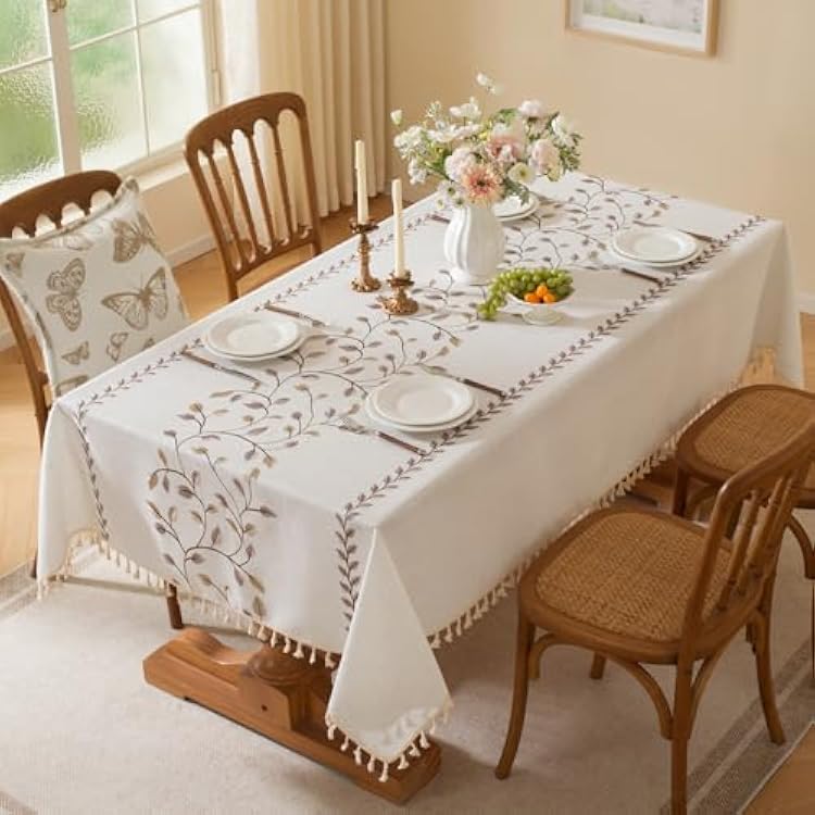 Laolitou Table Cloth Rectangle, Embroidery Heavy Duty Cotton Linen Tablecloth, Farmhouse Rustic Waterproof Wrinkle Free Tablecloths with Tassels, Coffee Vine, 5590 Inch