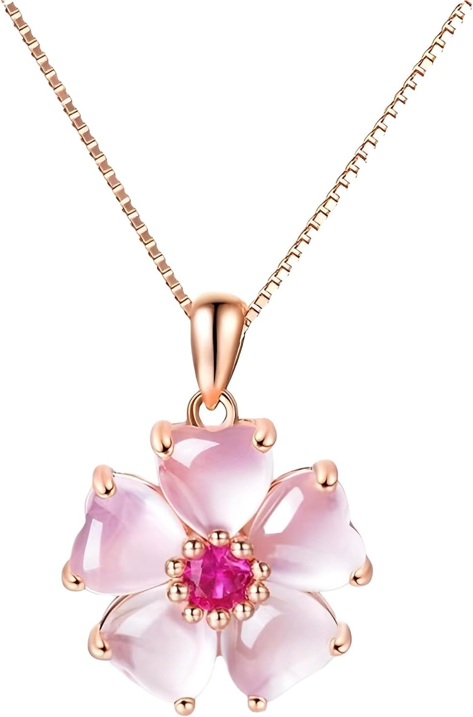 IMINI Delicate Cherry Blossom Rose Quartz & Crystal Choker Necklace for Women - Adjustable Rose Gold Plated Pink Love Heart Flower Pendant, Hypoallergenic Lightweight Floral Jewellery Gift