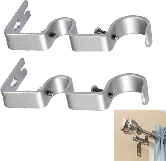 2 PCS Double Curtain Rod Bracket,Wall Bracket,Heavy Duty Vintage Curtain Rod Holder for 1" and 1/2" Rod (Silver)