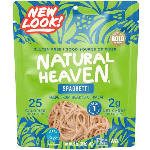 Natural Heaven Spaghetti Noodles, Hearts of Palm Naturally Rich in Potassium, Low-Calorie Veggie Pasta, Keto & Gluten-Free Food, Vegan, 9 Oz Ea