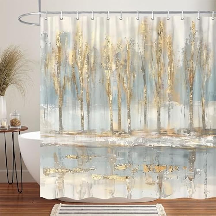 Abstract Gold Grey Shower Curtain, Modern Neutral Boho Ombre Minimalist Chic Tree Art Fabric Bathroom Curtain with 12 Hooks, 70X70IN