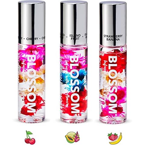 Blossom Scented Roll on Lip Gloss, Infused with Real Flowers, Made in USA, 0.60 fl oz17.7ml, 3 pack bundle Cherry, Island Fruit, StrawberryBanana