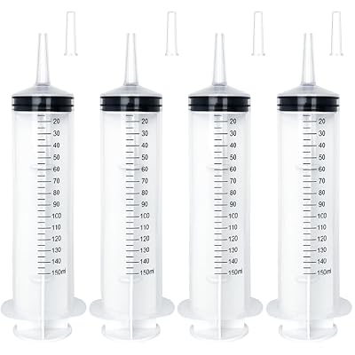 4 Pack 150mlcc Large Syringe with Cap, Individually Sterile Sealed Plastic Liquid Syringes with Measurement for Scientific Labs, Measuring Liquids, Feed Pets, Oil or Glue Applicator