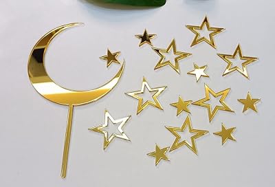 Set of 15pcs Moon Star Acrylic Cake Topper,Hollow Stars&Moon Celestial Wedding Cake Topper,Kids Babyshower Birthday Party SuppliesGold