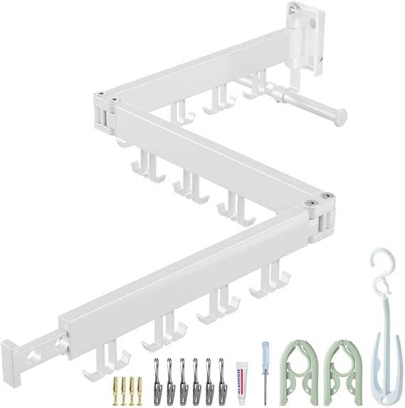 plainshe Clothes Airer Wall Mounting Space-Saving 3-Way Foldable Extendable Clothes Rail with Extension Rod Aluminium Wall Clothes Dryer with 24 Hooks for Balcony Patio (White Double Hooks)