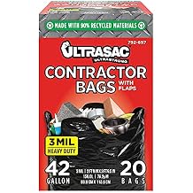 Ultrasac Contractor Bags 42 Gallon (20 PACK/w FLAP TIES), 32.75 x 44.5-3 MIL Thick Large Black Heavy Duty Industrial Garbage Trashbags for Professional Construction and Commercial use