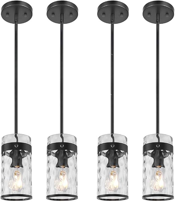 AUTELO 4 Pack Black Pendant Light Sets, Kitchen Island Pendant Lighting with Hammered Glass Shade, Industrial Hanging Ceiling Fixture with Adjustable Rods for Dining Room, H-2529 HMBK4PK