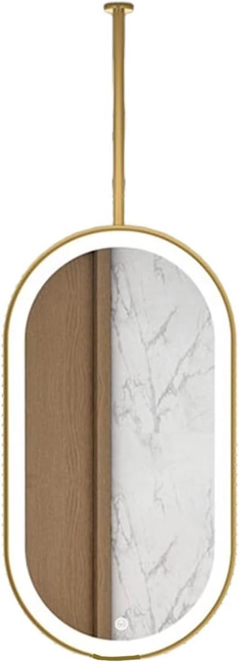 Ceiling Hanging Mirror with LED Lights,Oval Metal Ceiling Mounted Mirror,Adjustable Lighting,for Entrance Cloakroom and Home Decor (Boom Can be Customized)(Gold,50x80cm)