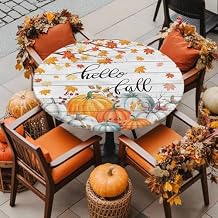 Round Fitted Tablecloth Thanksgiving Fall Maple Leaf Pumpkin Washable Waterproof Oil-Proof Elastic Table Covers for Camping Indoor Dining Table Protector Autumn Plant Wood Board Fits 55-60" Tables