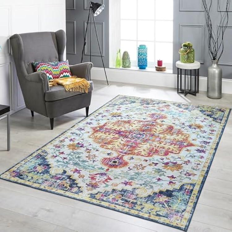Mandala - Indoor Area Rugs 8x10 Washable, Stain Resistant Machine Washable Rugs for Living Room, Bedroom, and Modern House Decor - Durable Polyester Material, Colorful Patterned - Blue