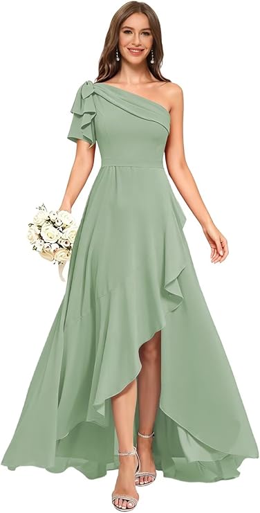 One Shoulder Bridesmaid Dresses 2026 Pleated Chiffon Long A Line Maxi Long Formal Flowy Dress YY002