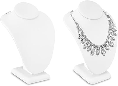 MOOCA 2 Pcs Set Small Necklace Chain Jewelry Bust Display Holder Stand, Necklaces Display Mannequin, Necklace Bust, Jewelry Stand 6 14 in H, 3 78 W x 2. 58 D x 614 H, White Leatherette