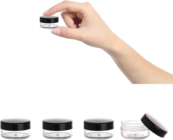 OBYJCA 4 Pcs Travel Pots, 10 Gram Small Containers with Lids, Small Plastic Sample Pots with Lids for Toiletries, For Face Creams, Sample, Make-Up (Black)