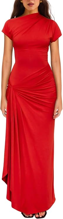YMDUCH Women's Casual Short Sleeve Ruched Split Long Party Dress
