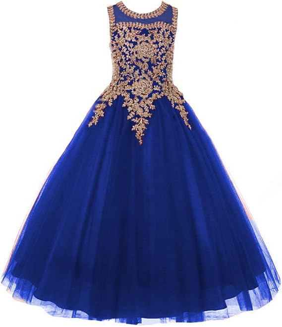 Formal Little Girls Long Pageant Dresses Prom Ball Gown Gold Lace Burgundy Tulle