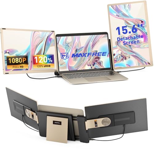 Maxfree S6 Laptop Screen Extender, 15.6 1080P Monitor Extender, 11 Display Modes, Plug & Play, Detachable Screen Triple Monitor for Laptop 13-17.3, Compatible with MacWindowsAndroidSwitch, Gold