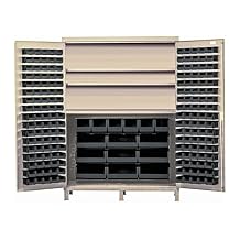 Quantum QSC-BG-60SCL Modular Shelving Cabinet with (80) QUS210 (90) QUS220 (6) QUS240 and (9) QUS250 Clear Bins for Industrial Distribution | 500 lbs Capacity | 60"W x 24"D x 84"H, Beige, Carbon Steel
