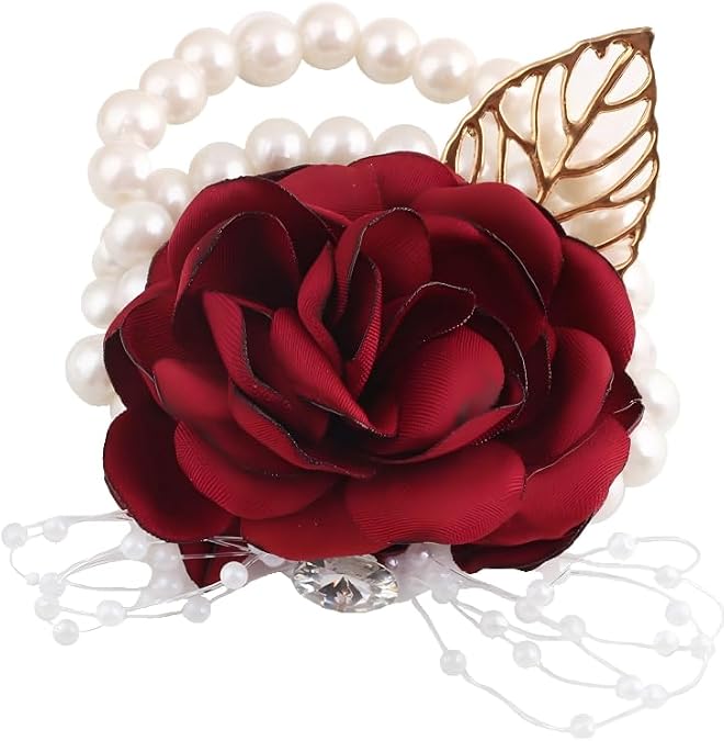 Abbie Home Decent Wrist Corsage for Prom Party Wedding Ball Event Silk Rose Rhinestone Hand Flower Classic Pearl Bracelet