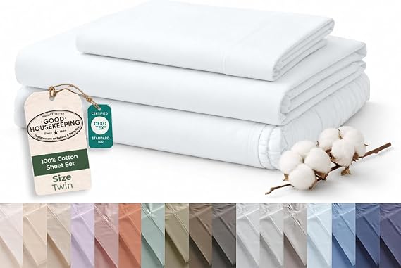 ROYALE LINENS 100% Organic Cotton Twin Sheet Set - 16" Deep Pocket Bed Sheets - Eco Friendly White Bed Sheets - Sabanas Twin - 1 Flat, 1 Fitted & 1 Pillowcases - White Sheet Set - Cotton Bedding Sets