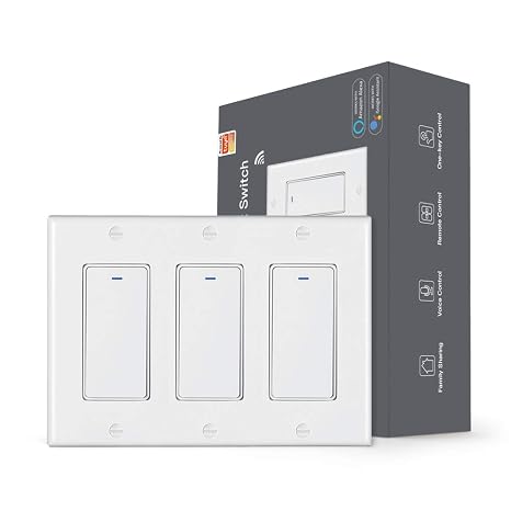 MoesGo Smart Push Button Light Switch, WiFi Multi-Control, White 3 Gang | 2.4GHz WiFi only, neutral wire required, remote control via Smart Life Tuya app, voice control with Alexa and Google Home