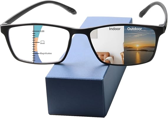 Matte Black Progressive Photochromic Blue Light Reading Glasses | All-in-One Design, TR-90 Flex Frame, UV400, Computer Reading, for Men Women