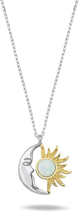 NEREZE 925 Sterling Silver Rhodium Plated White Opal Stone Moon Sun Necklace