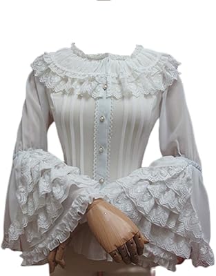 Womens Plus Size Retro Style Long Flare Sleeve Lolita Lace Blouse Chiffon Shirt with Layered Lace Ruffles