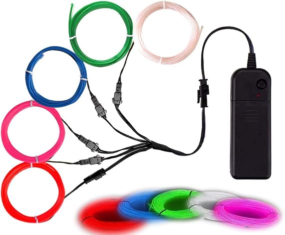 MaxLax EL Wire, Noise Reduction Neon Light 5 in 1 Meter (red,White,Blue,Green,Pink), Electroluminescent Wire for Halloween Decoration, Christmas Party, DIY Decoration...