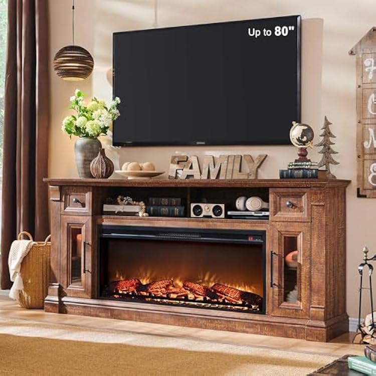 OKD Farmhouse Fireplace TV Stand for 80 Inch TV, Entertainment Center with 42 Fireplace & LED Lights, Modern Media Console Table with Storage Drawers & Cabinets, Reclaimed Barnwood Color
