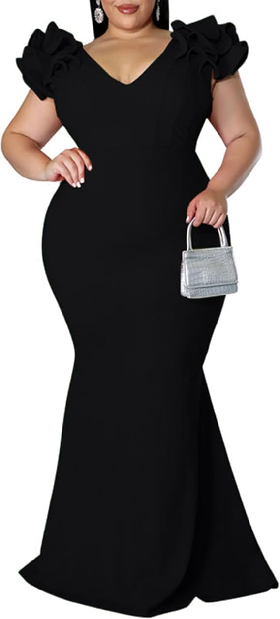 Ekaliy Plus Size Mermaid Maxi Dress V Neck Ruffle Sleeve Bodycon Gown