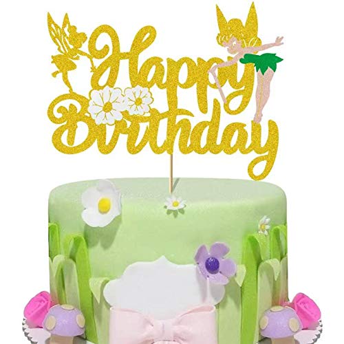 Tinker bell Cake Topper Girls Happy Birthday Gold Glitter Baby Shower Fairy Princess Theme Birthday Party Decoration