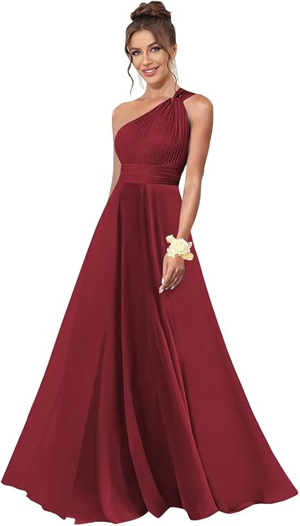 One Shoulder Bridesmaid Dresses for Wedding Chiffon A Line Pleated Long Formal Prom Dress with Pockets