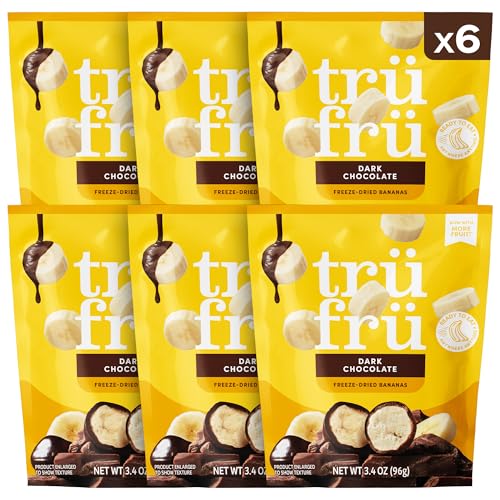 Tru Fru Freeze Dried Bananas in Dark Chocolate, Chocolate Covered Fruit, Freeze Dried Fruit and Gluten Free Candy, Non-GMO & Kosher Sweet Treat, Perfect for Travel & On the Go 3.4oz 6 Pack