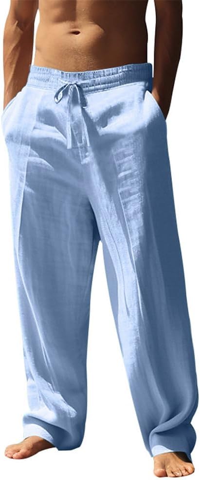 HOTYD Men's Linen Pants Elastic Waist Drawstring Lightweight Summer Beach Casual Pants Loose Fit Baggy Trousers with Pockets Light Blue M