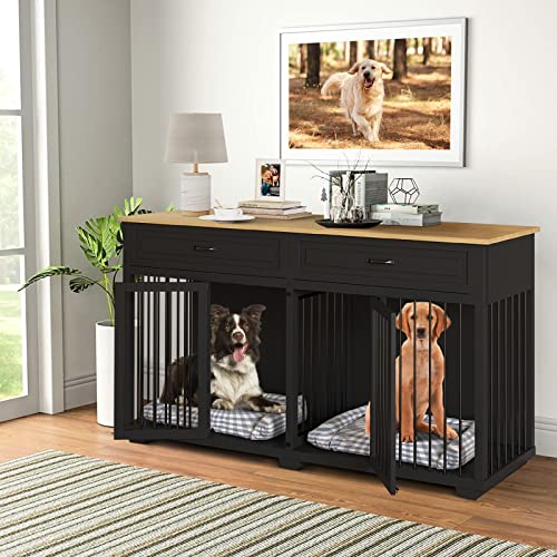 Large Dog Crate with Double Rooms, 72 Heavy Duty Wooden Dog Cage Furniutre Dog Crate Kennel wDrawers & Removable Divider,Indoor Luxury Dog House for Large Dogs,Black