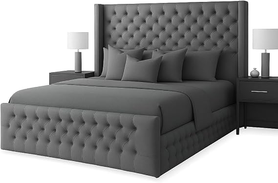 Atomic Sleep Luxury Chesterfield Wingback Bed Frame - Upholstered in Plush Velvet Fabric with Mattress/Gas Lift Option - UK Made (Steel Plush, Kingsize 5ft with gas lift storage)