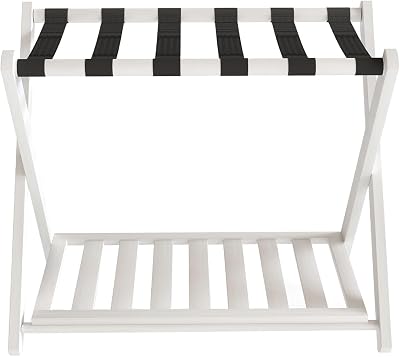 Foldable Luggage Rack, White Bamboo Wood Construction, X-Frame Design with Storage Shelf, Heavy-Duty Nylon Straps for Hotel Bedroom Guest Room White