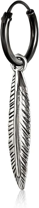 Feather Pendant Earring for Men, Black Dark Sterling silver Hoop Earring with Drop Dangle Feather, Mens Jewelry Handmade jewelry