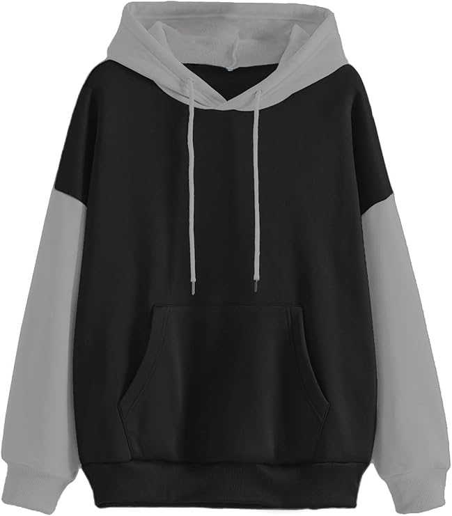 Hilinker Women's Cute Color Block Hoodie Casual Long sleeve Pullover Sweatshirts Black X-Large