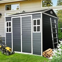 Outdoor Resin Storage Shed with Floor, 8x6 FT Plastic Sheds Kit with Window Lockable Door Included, Large Waterproof Outside Storage Shelter for Backyard Garden Patio Lawn Tools, Black
