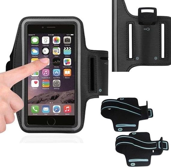 Reflective Adjustable Black Armband Case with Key Holder is Compatible with Motorola Moto G Play Phones with a Any Cover on