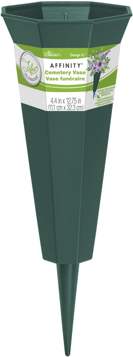 FloraCraft Affinity Plastic Cemetery Vase with Permanent Spike 4.4 inch x 12.75 inch Green