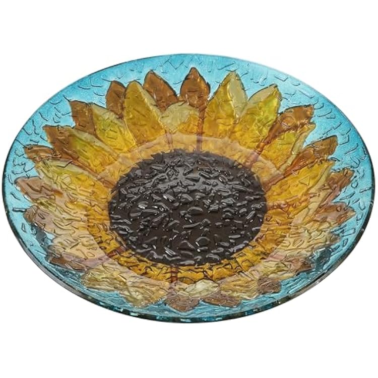 Glass Bird Bath for Outdoors Garden, 18 Dia Hand Painted Sunflower Birdbath Bowl, 64oz Large Wild Bird Feeder for Garden Yard Patio Lawn Decor