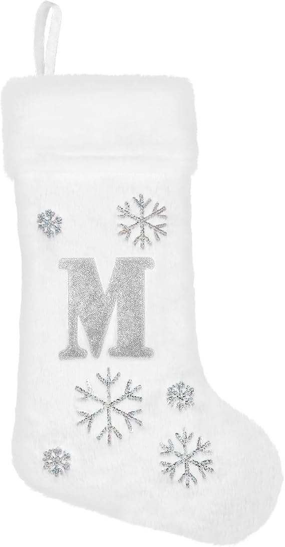 DERAYEE Initial Monogram White Christmas Stocking, 18 Inch Large Velvet Snowflake Embroidered Letters Xmas Stockings with Super Soft Plush Cuff for Xmas Family Holiday Fireplace Tree Decoration (M)
