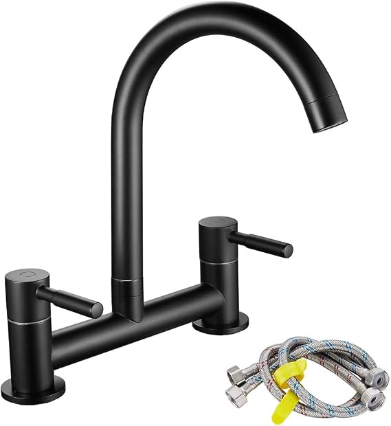 Kitchen Sink Mixer Tap, Dual Lever Bridge Kitchen Sink Tap, Brass, Black