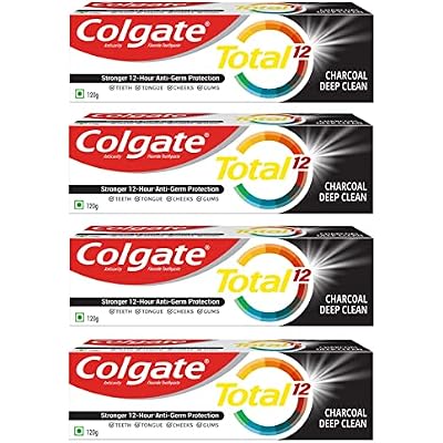 Colgate Total 120gm4.2oz x 4pcs 480gm16.9oz Charcoal Deep Clean Comboo Toothpaste and Toothbrush, Stronger 12-Hour Protection, Whole Mouth Health Pack of 4