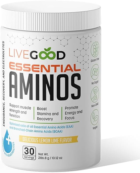 LIVEGOOD Essential Aminos | Essential Amino Acid Formula with BCAAs & Electrolytes | Lean Muscle Support, Recovery & Stamina | Sugar Free, Caffeine Free, Vegan | Lemon Lime