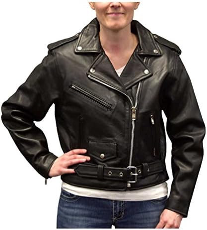 Redline Womens Angled Zipper Goat Leather Motorcycle Jacket, Black L-3300