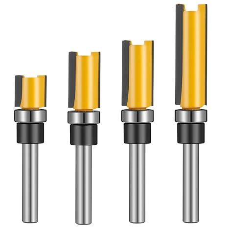 4 Pcs 1/4 Inch Shank Flush Trim Pattern Bit Set, Straight Flush Trim Tools with Bearing Template Router Cutter Professional Wood Top Woodworking Milling Tools | Straight Flush Trim Tools with Bearing Template Router Cutter Professional Wood Top Woodworking Milling Tools